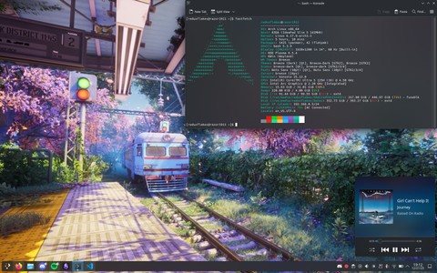 My Arch Linux with KDE Plasma 6 desktop with a background of an abandoned train in a blossom field with the train station on the left side. The desktop contains the default KDE Plasma 6 taskbar and the desktop contains the default music player widget on the right bottom corner.