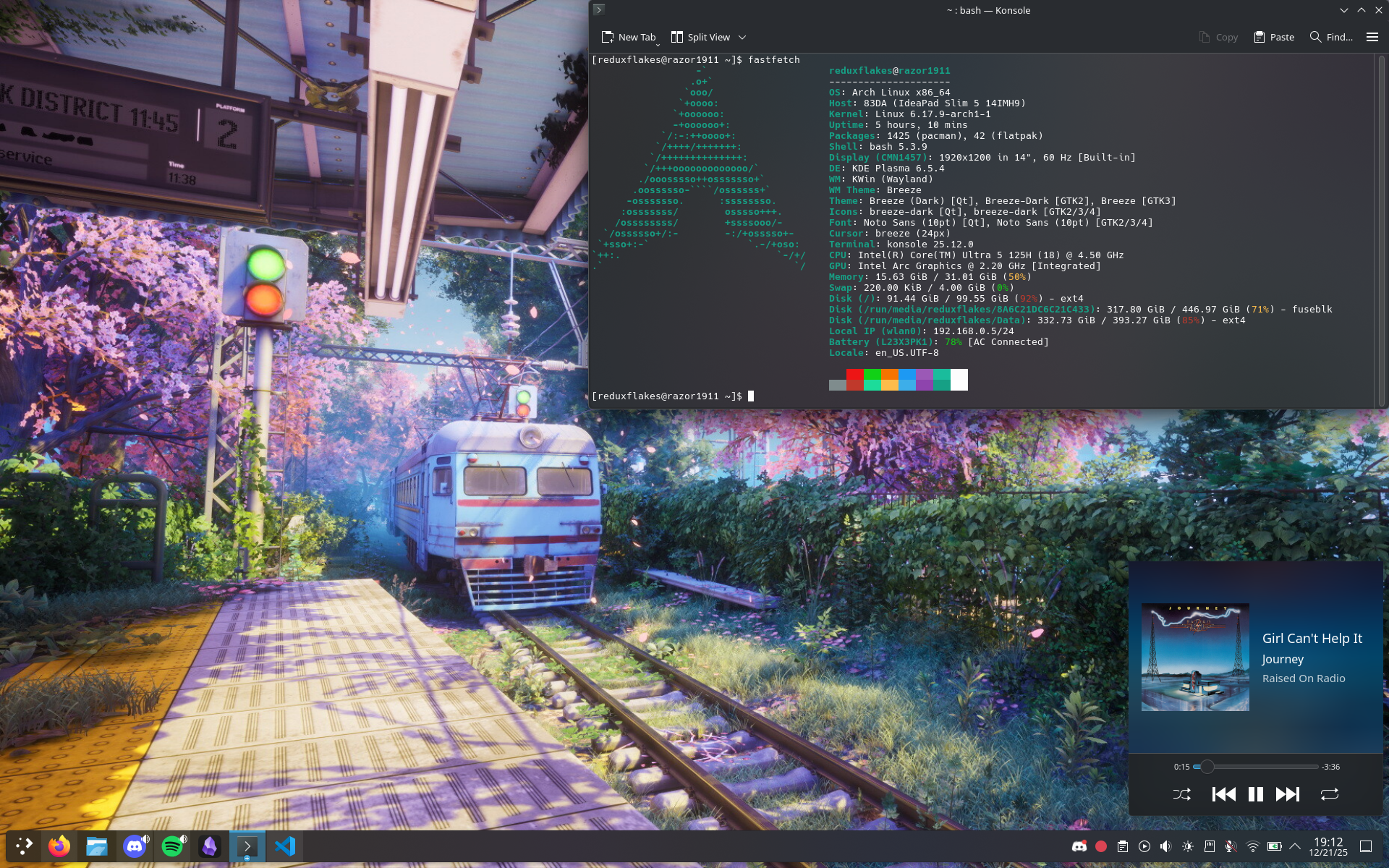 My Arch Linux with KDE Plasma 6 desktop with a background of an abandoned train in a blossom field with the train station on the left side. The desktop contains the default KDE Plasma 6 taskbar and the desktop contains the default music player widget on the right bottom corner.